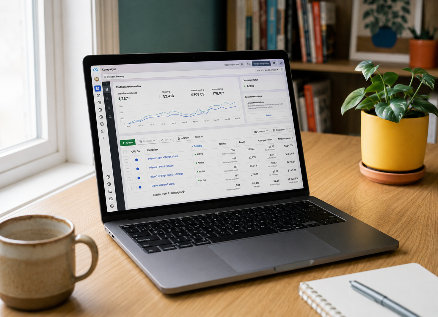 A laptop on a wooden table displaying a digital marketing campaign dashboard with graphs and statistics, near a cup and a notebook, with a potted plant and books in the background by a window.