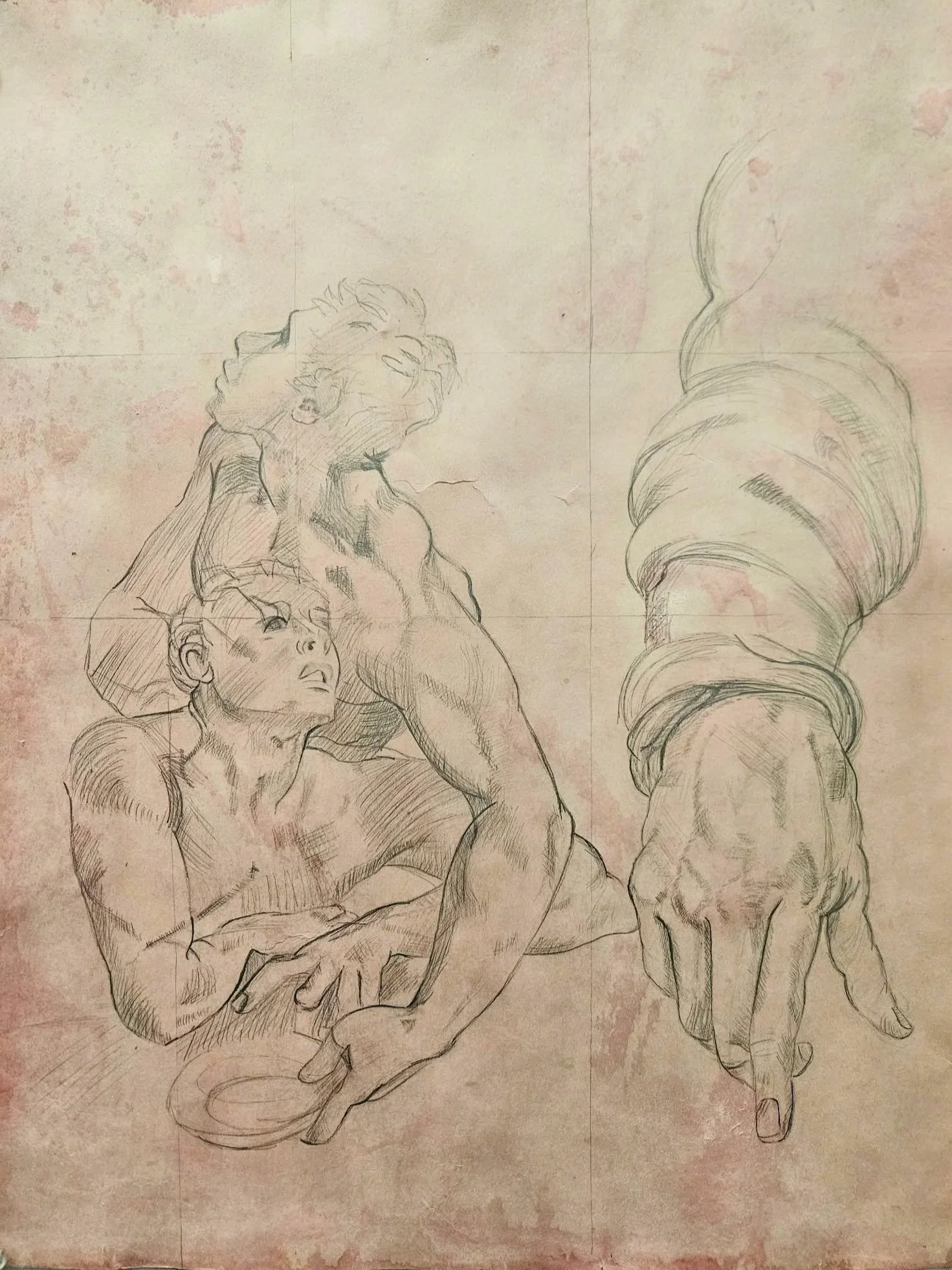 Master Copy
Bronzino, Study of Two Nude Half Figures and a Right Hand
18x24 graphite on hand dyed paper