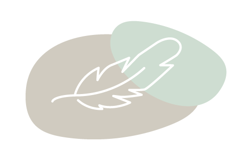 Minimalist line drawing of a feather over two overlapping ovals, one light green and one beige.