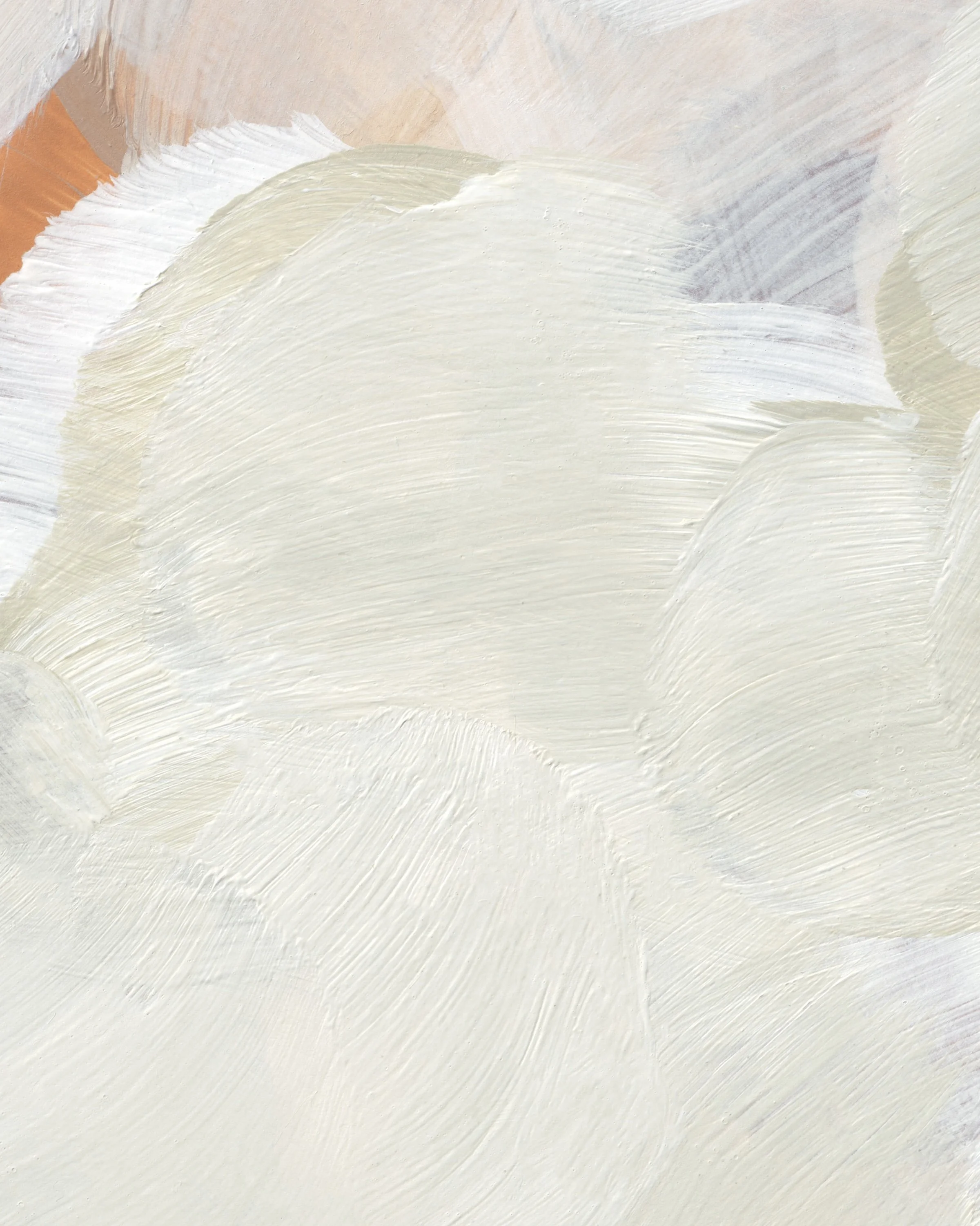 Close-up of painter's brushstrokes with white and gray acrylic paint on canvas.