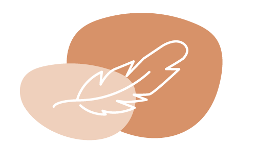 Illustration of a black-outlined feather over two overlapping ovals: one light orange and another burnt orange.