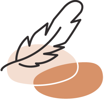 Illustration of a black-outlined feather over two overlapping ovals: one light orange and another burnt orange.