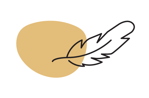 Black outline of a feather next to a large yellow oval shape.