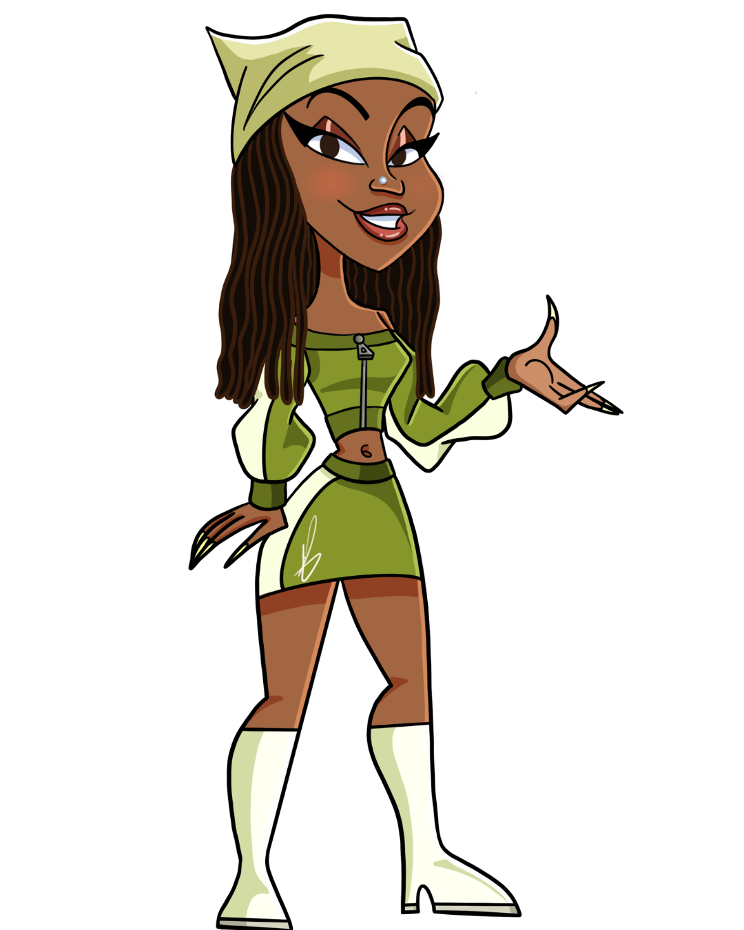 Cartoon woman with dark skin, long wavy brown hair, wearing a light green beanie, green and white sporty outfit, and white boots, standing with one hand on her hip and the other gesturing.