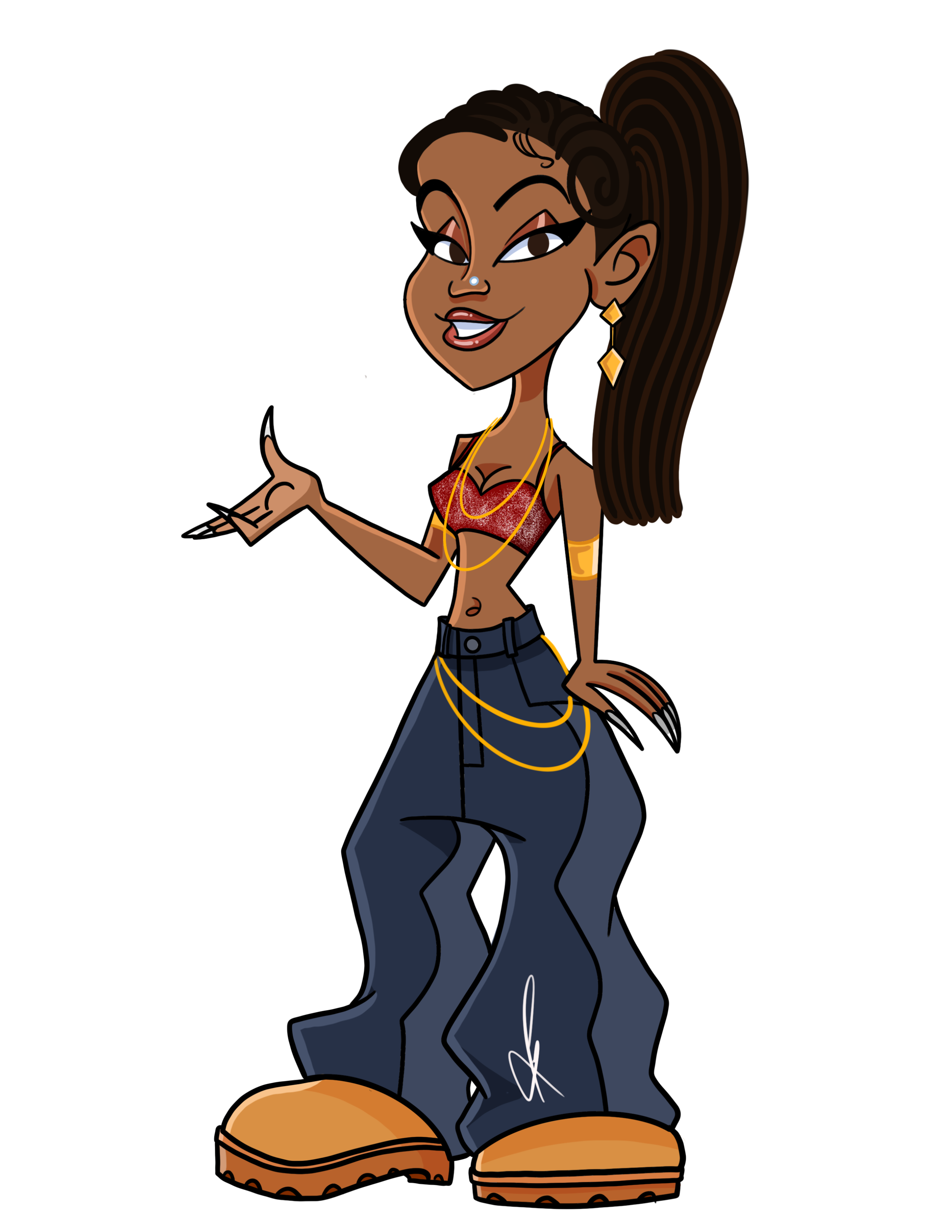 Cartoon woman with dark skin tone, long curly brown hair tied in a high ponytail, wearing a red crop top, baggy blue jeans, and tan boots, smiling and pointing forward.