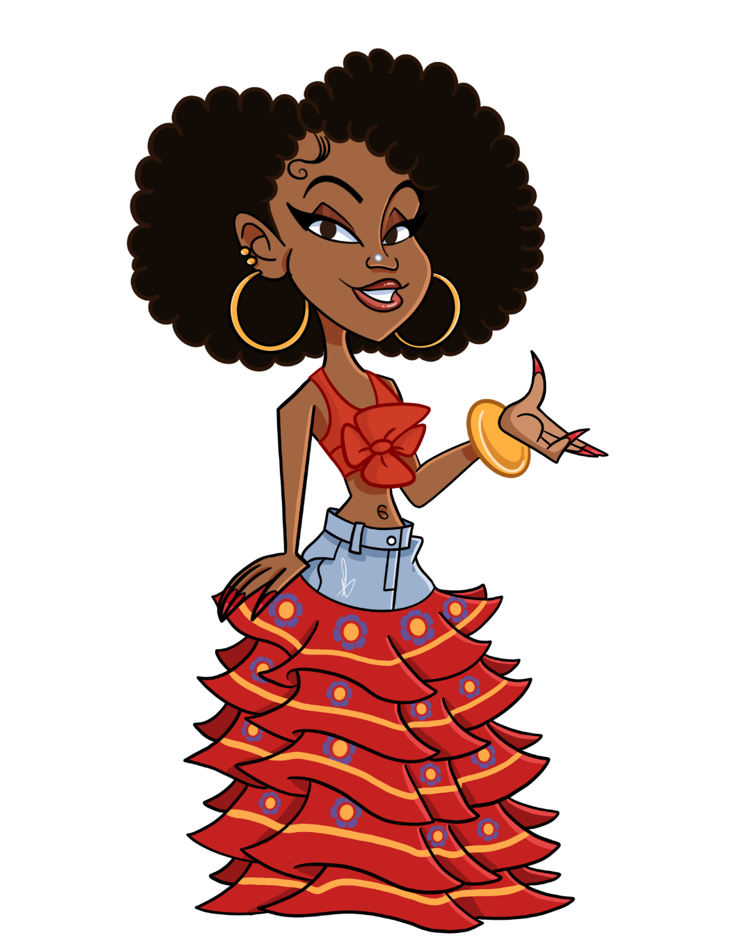 Cartoon woman with dark curly hair in large hoop earrings, red top with bow, denim shorts, and a layered red skirt with floral patterns, holding a gold bangle.