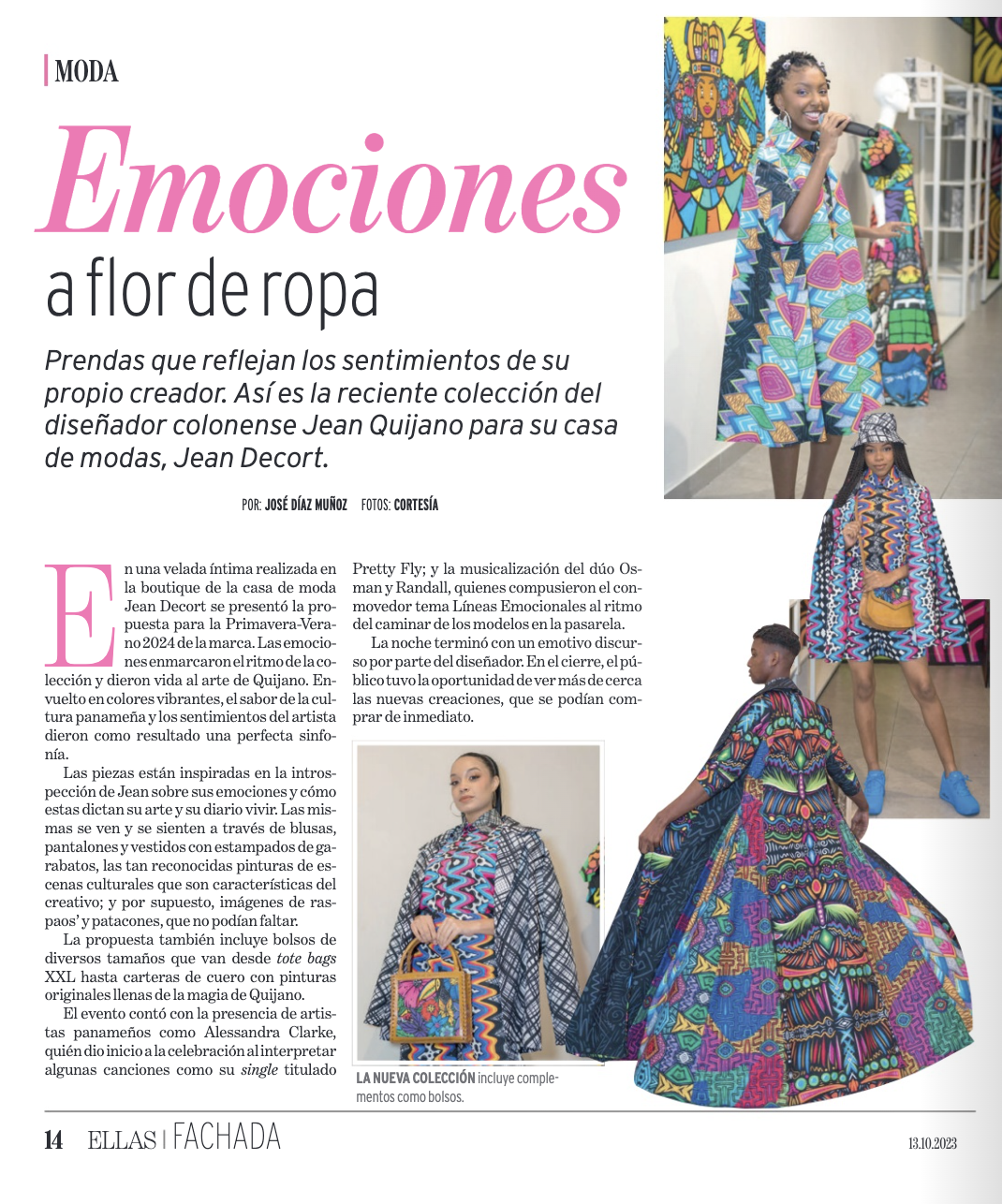 Photograph of models wearing colorful, patterned clothing from Jean Quijano's latest collection, displayed at a fashion event. The setting includes vibrant wall art and a runway-like space.