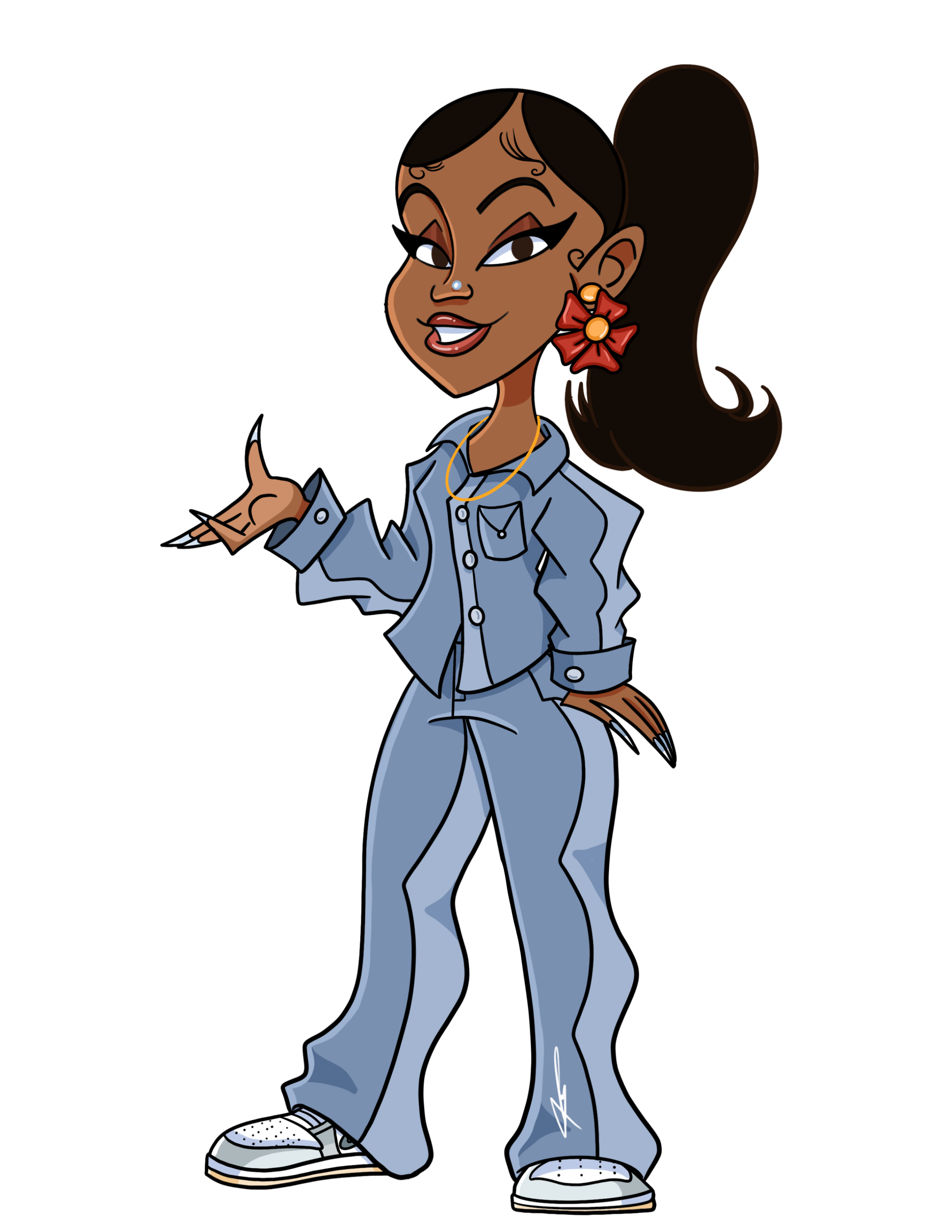 Cartoon woman with long dark hair in a ponytail, wearing a denim jacket, baggy jeans, sneakers, large earrings, and a necklace, gesturing with her right hand.