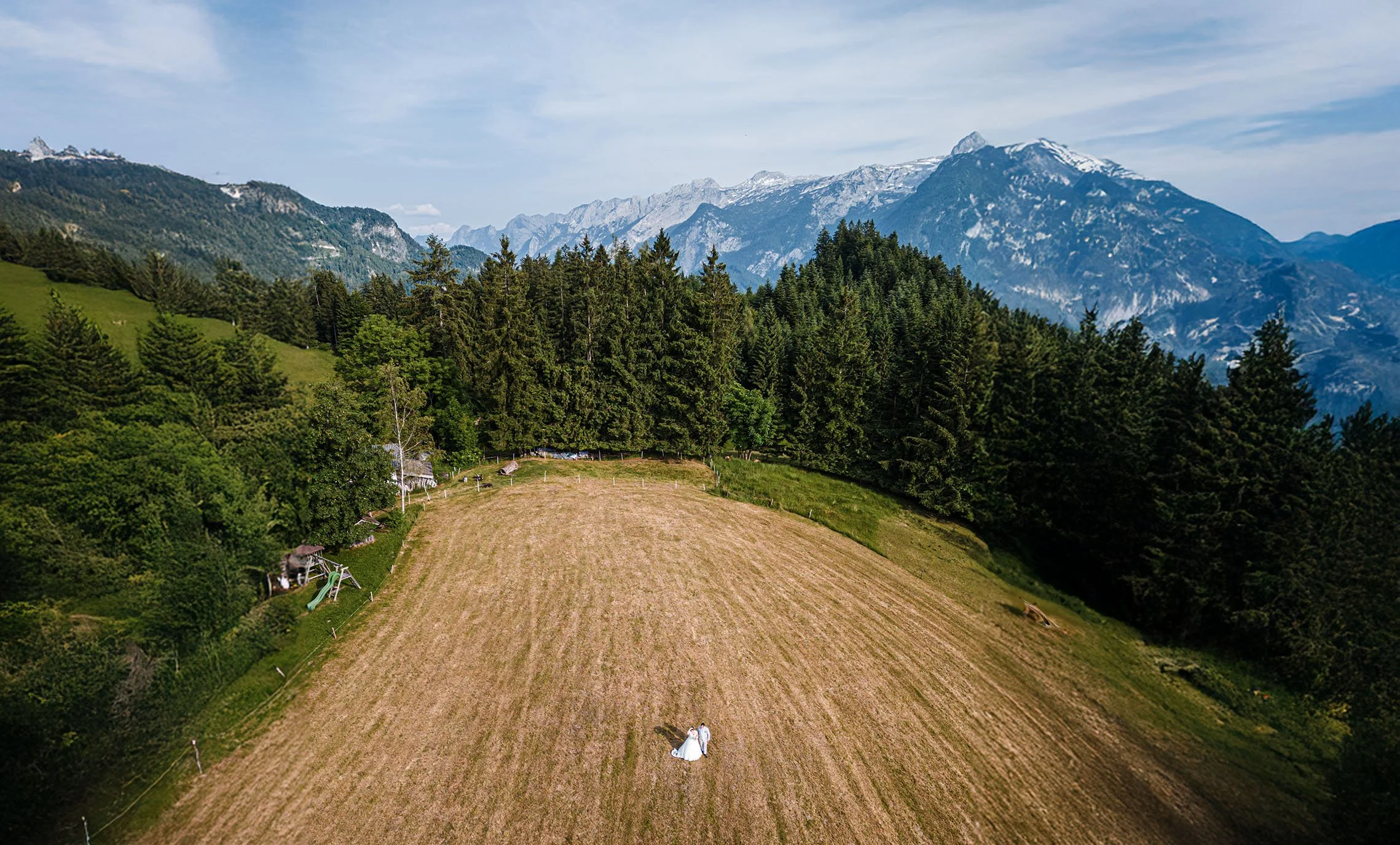 Ein Brautpaar steht inmitten eines offenen Feldes in den Bergen, umgeben von Wäldern und hohen schneebedeckten Bergen im Hintergrund.