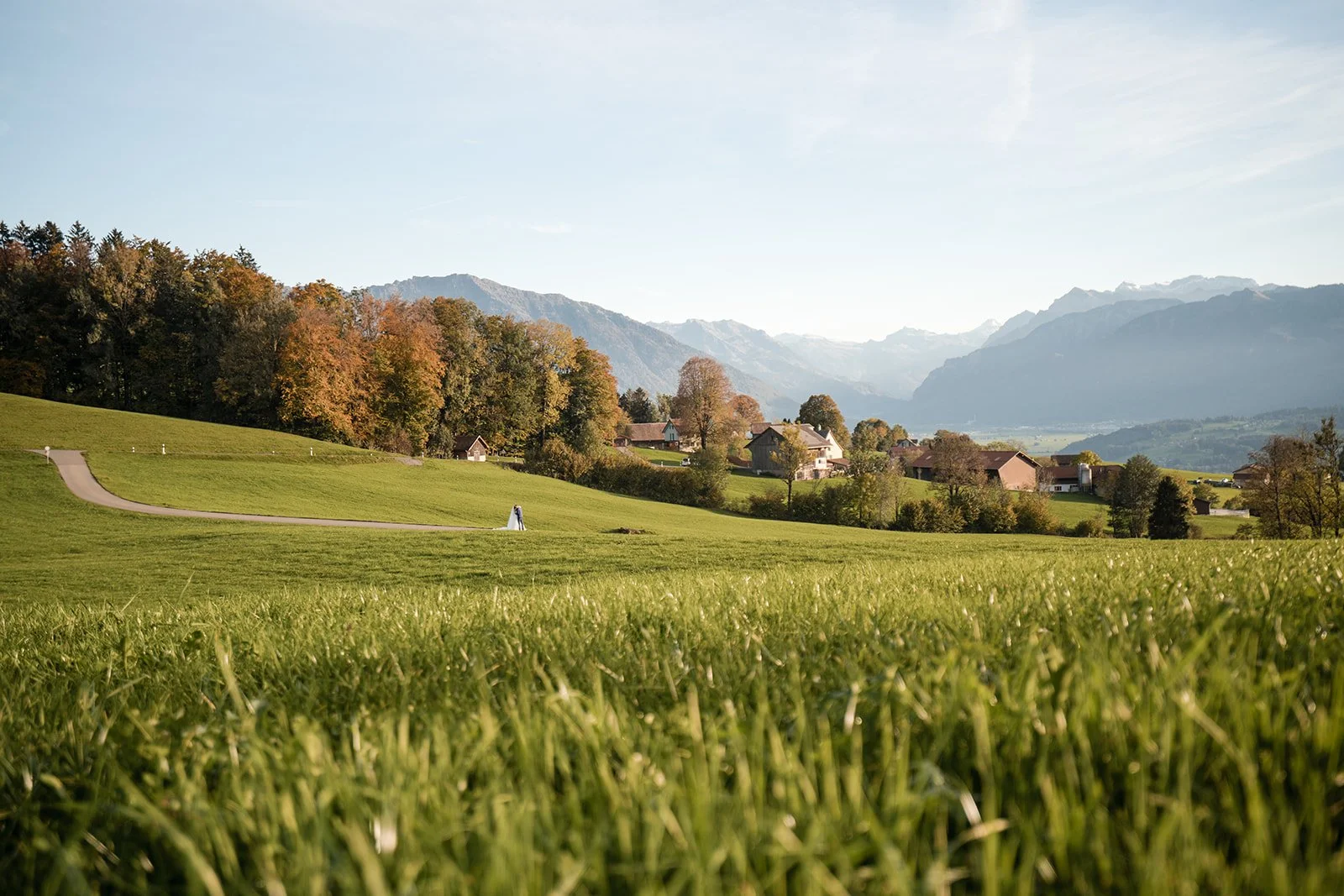 Landschaft mit grünem Rasen, Bäumen mit Herbstlaub, verstreuten Häusern und Bergen im Hintergrund bei Sonnenlicht.