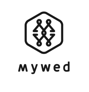Logo mit zwei stilisierten Figuren in einem Hexagon, darunter der Text 'mywed'.