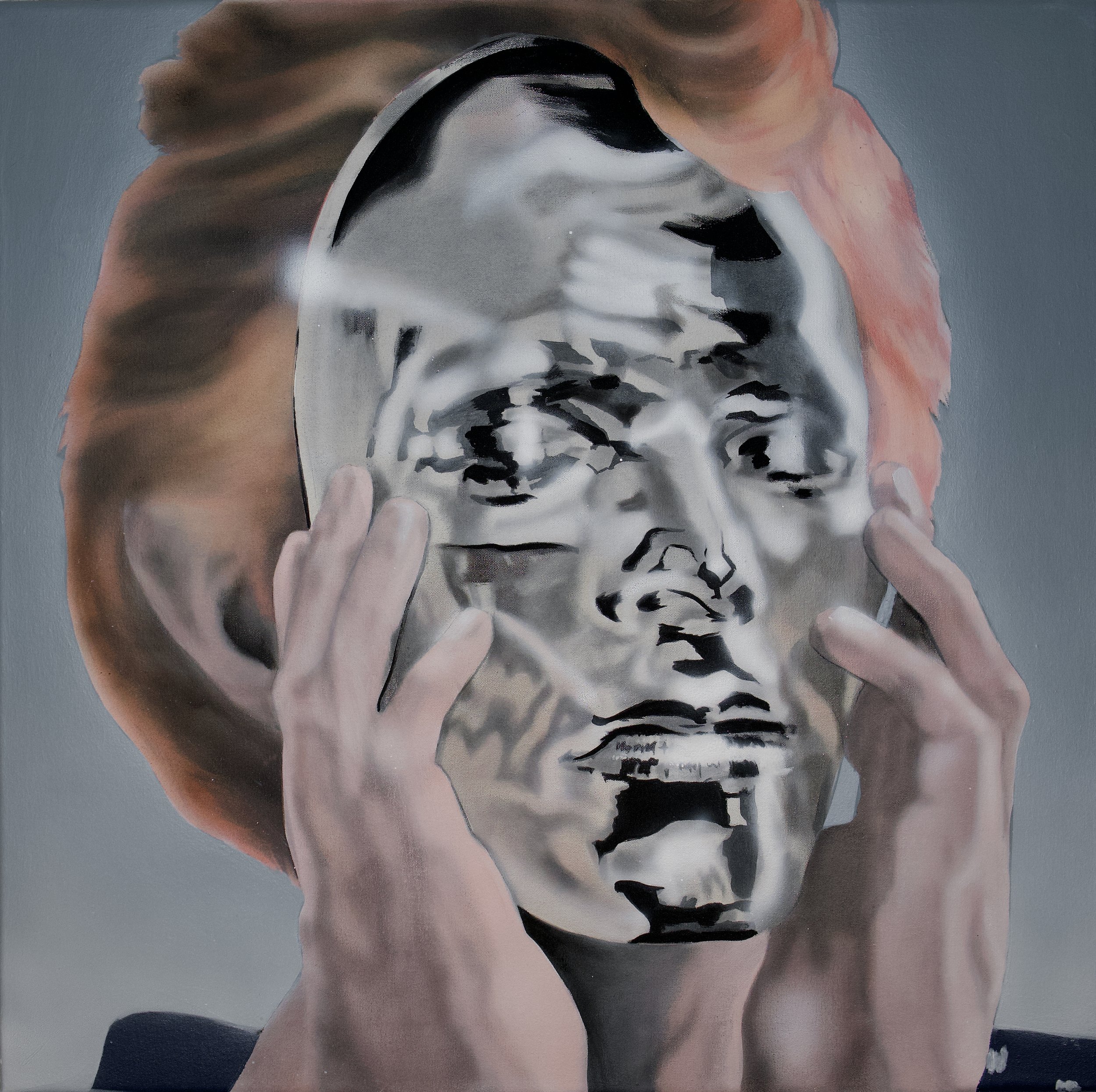 DB Behind the Mask - 23.5 x 23.5 x 0.75 inches / 60 x 60 x 2 centimetres - acrylic, oil and airbrush on canvas - 2026
