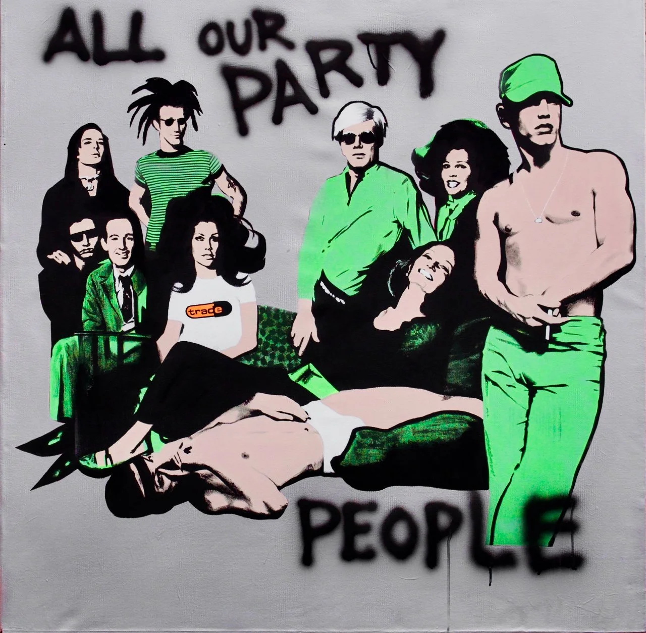 Party People - 40.5 x 40.5 x 1.5 inches / 103 x 103 x 4 centimetres -acrylic, metallic silver  and black spray paint on canvas - vintage classic 1990s piece 