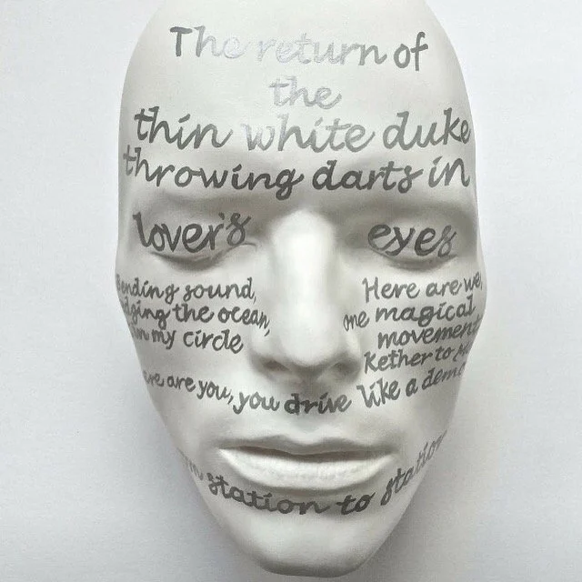 Bowie White Magik Mask - 8.5 x 5.25 x 3 inches / 22 x 13 x 8 centimetres - acrylic and silver marker on plaster mask - 2014