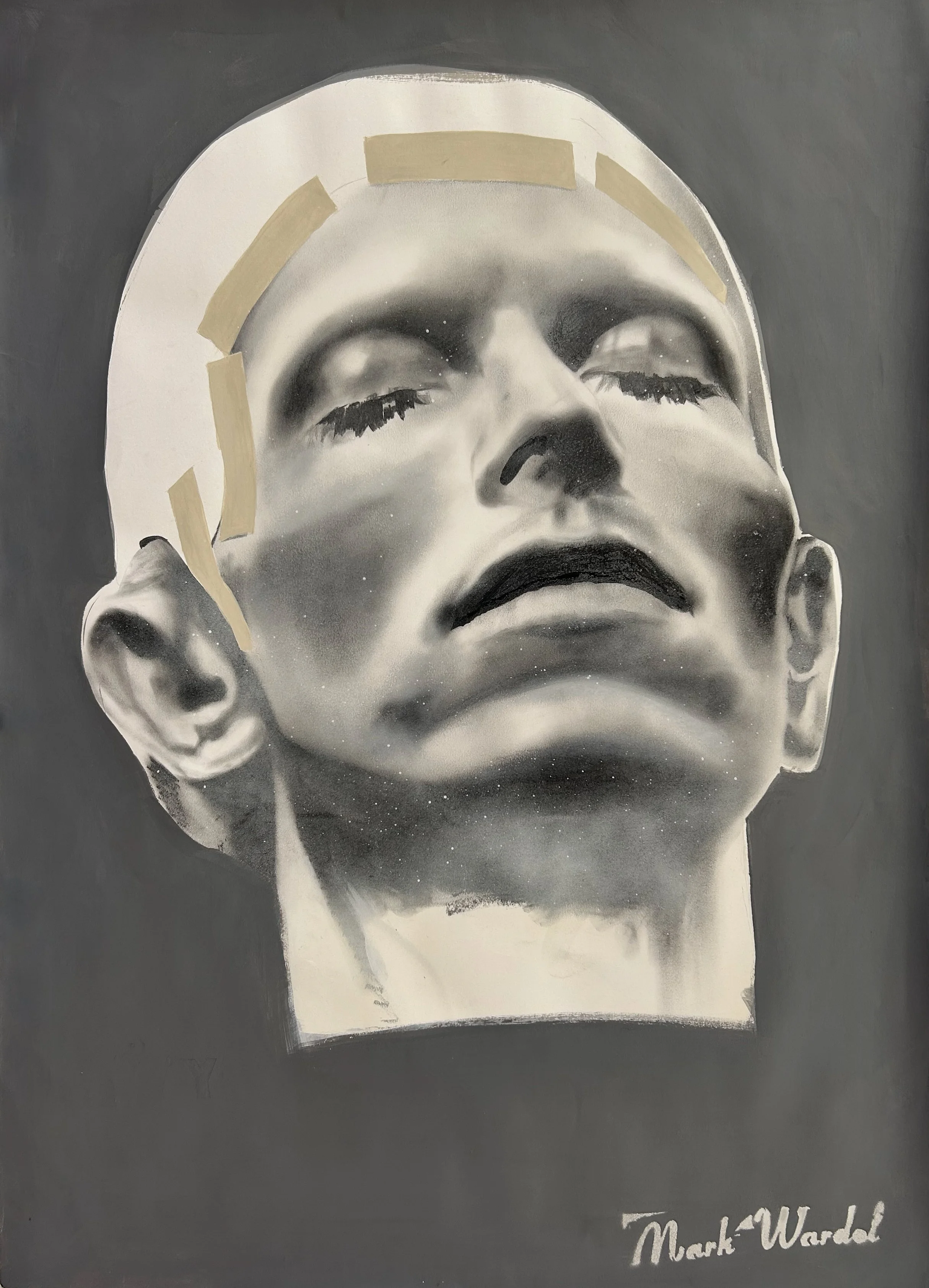 Head Of DB - 33 x 23.5 inches / 84 x 56 centimetres - acrylic, oil and spray paint on Fabriano paper - 2023