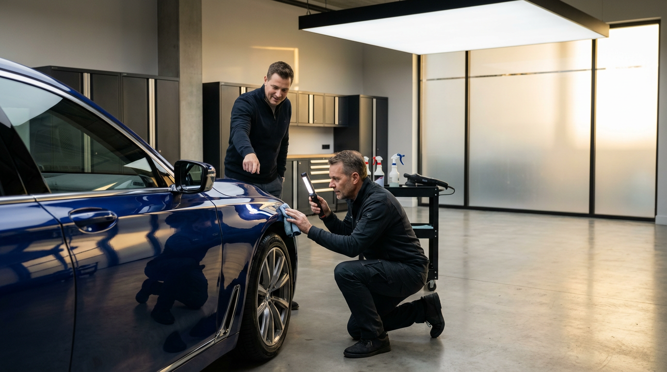 Two men inspecting a dark blue car inside a garage, one is kneeling and examining the tire with a flashlight, while the other stands nearby pointing at the car.
