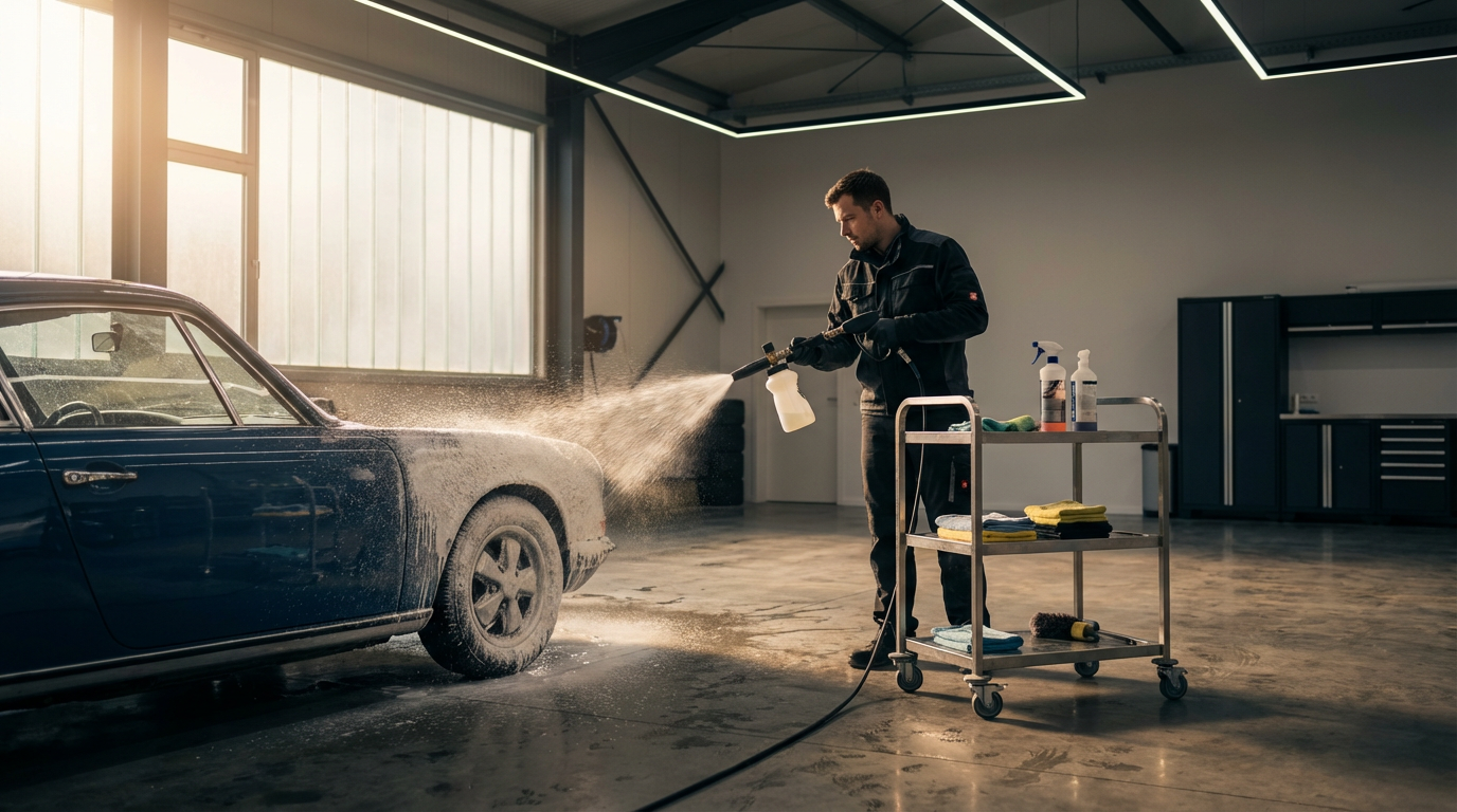 A man cleaning a black vintage car with a high-pressure water spray inside a spacious garage.