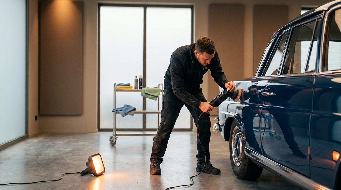A man polishing a vintage blue car with a handheld buffer inside a garage.