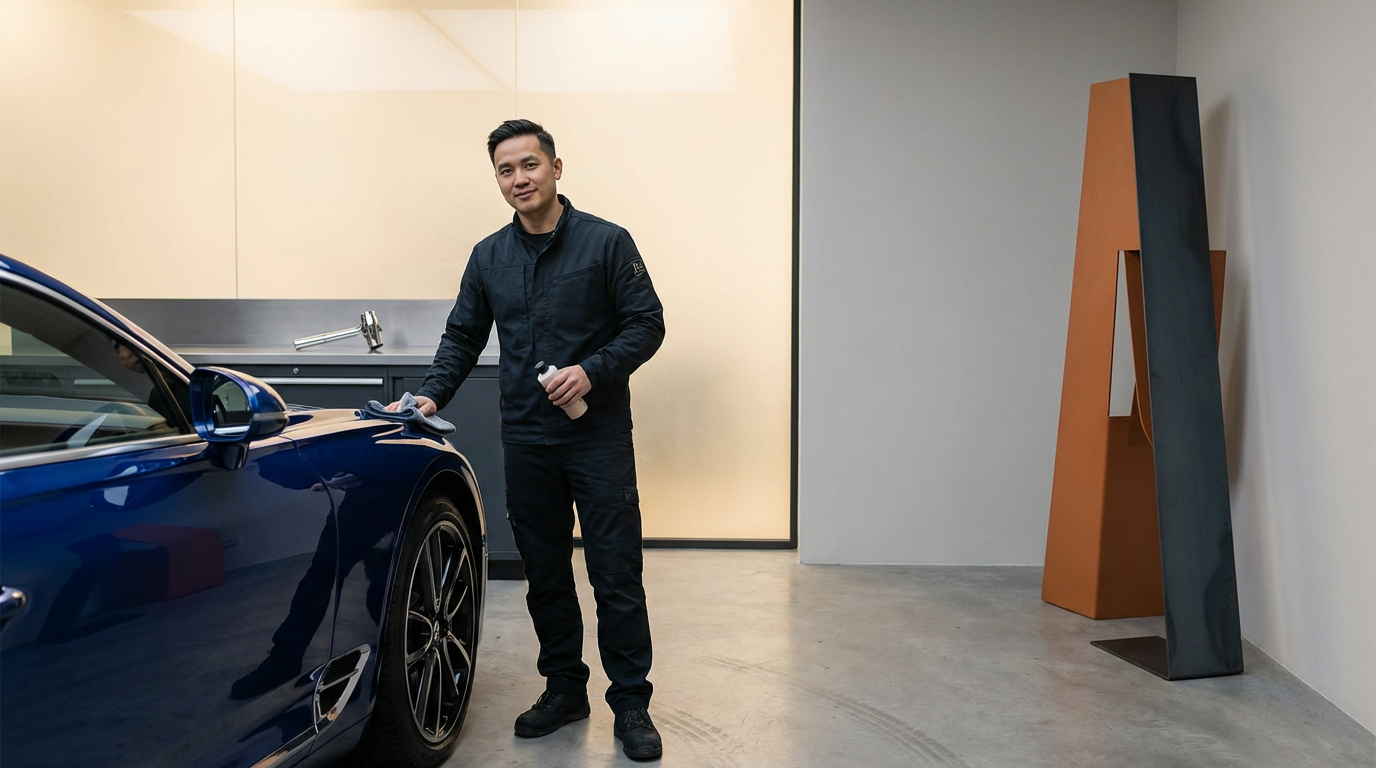 A man in black work clothes standing next to a blue sports car, holding a cleaning spray and cloth, in a modern garage or showroom.