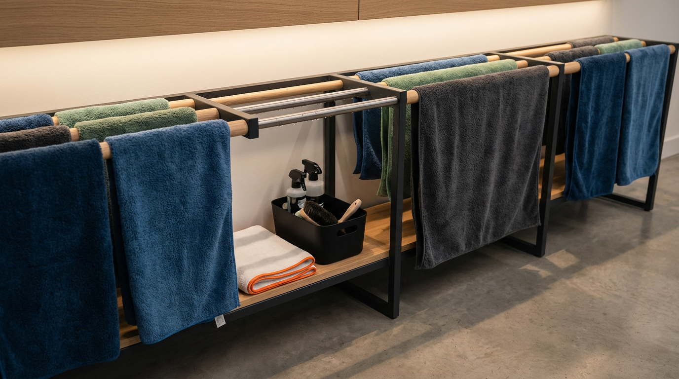 A row of folded towels in blue, green, black, and gray hanging on wooden towel bars against a white wall, with cleaning supplies and a towel on a shelf below.