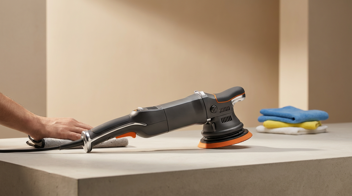 A person cleaning a flat surface with a handheld electric polisher sander, with a stack of cloths in the background.