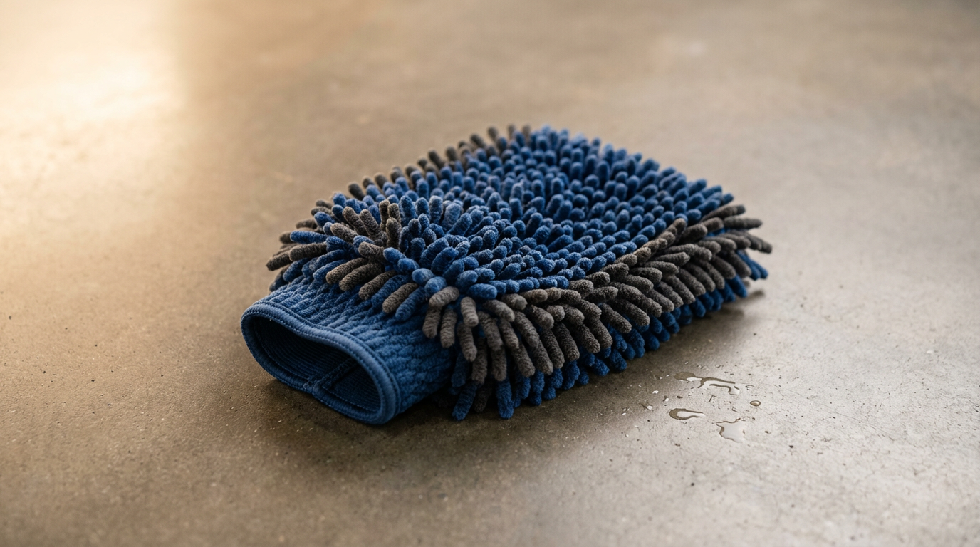 Cleaning cloth with microfiber strands on a surface with water droplets.