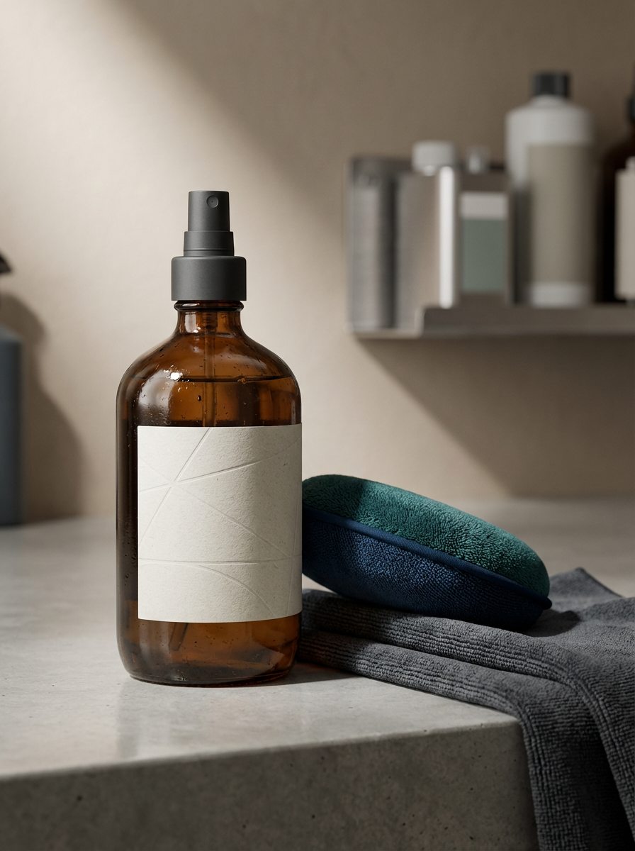 A brown glass spray bottle with a blank white label, a dark green and blue bathroom sponge, and a gray towel on a light-colored surface, with shelves of toiletries in the background.
