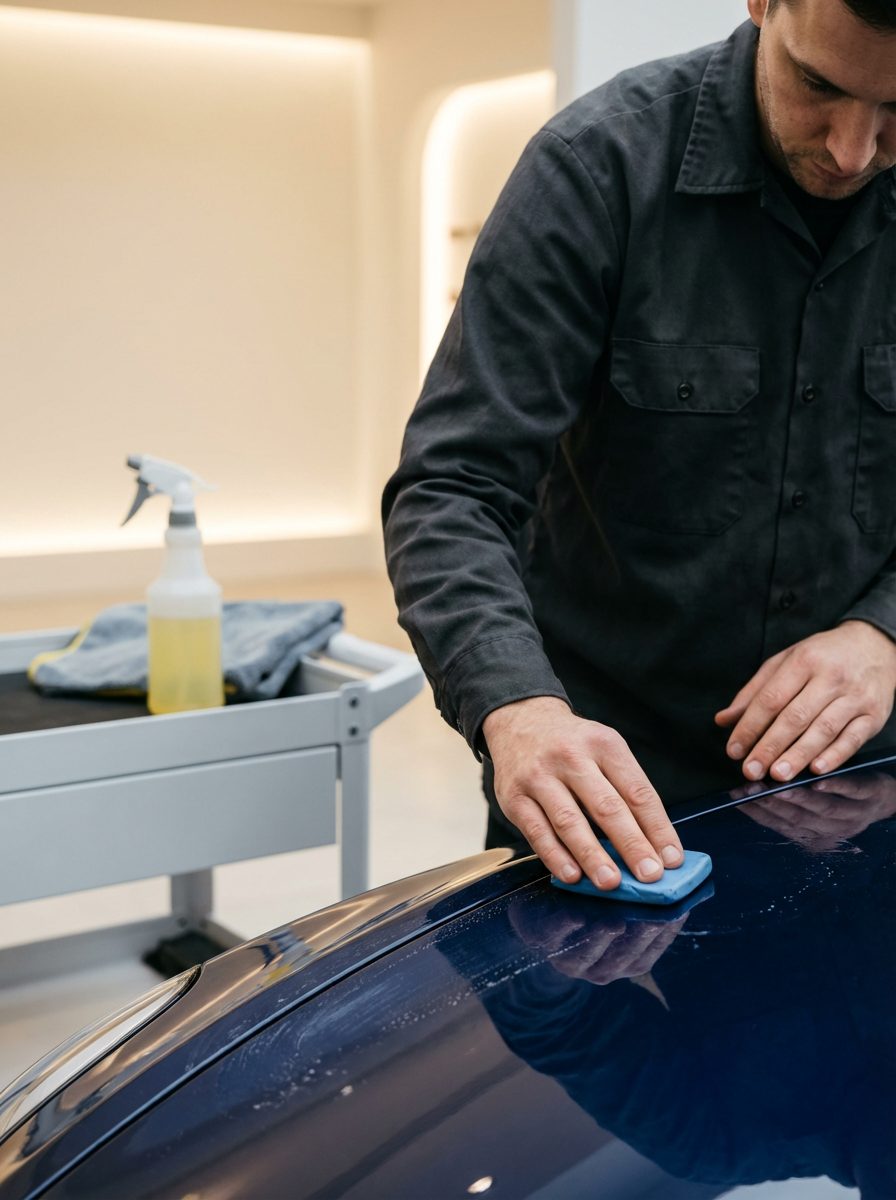 A man in a black shirt is polishing the surface of a dark-colored car with a blue cloth. A spray bottle and towel are on a nearby cart.