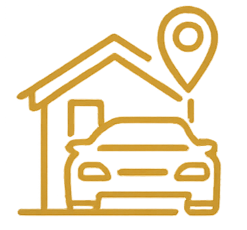 Icon of a house with a car parked in front and a location pin above.