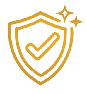 A gold shield with a checkmark and sparkles, symbolizing protection or security.