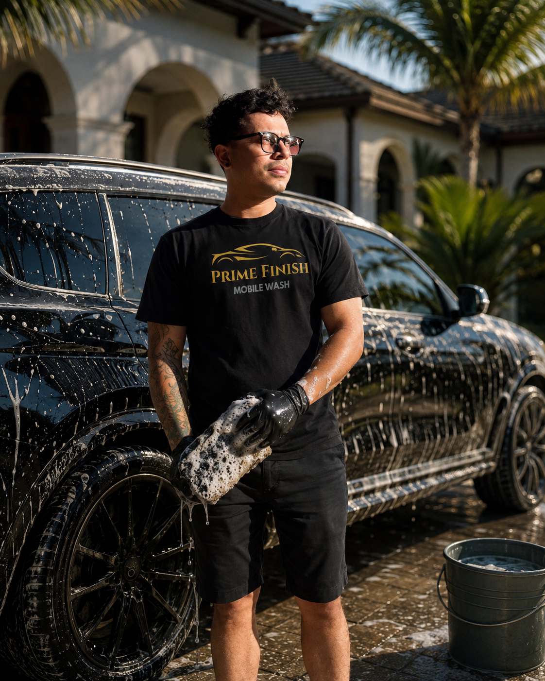 A man wearing glasses and a black Prime Finish Mobile Wash t-shirt stands outside, holding a foamy cleaning cloth. He is washing a black SUV, which is covered in soap suds, during the daytime. In the background, there are palm trees and a house with arches and a tiled roof.