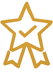 Gold star with a check mark in the center and two ribbon tails beneath