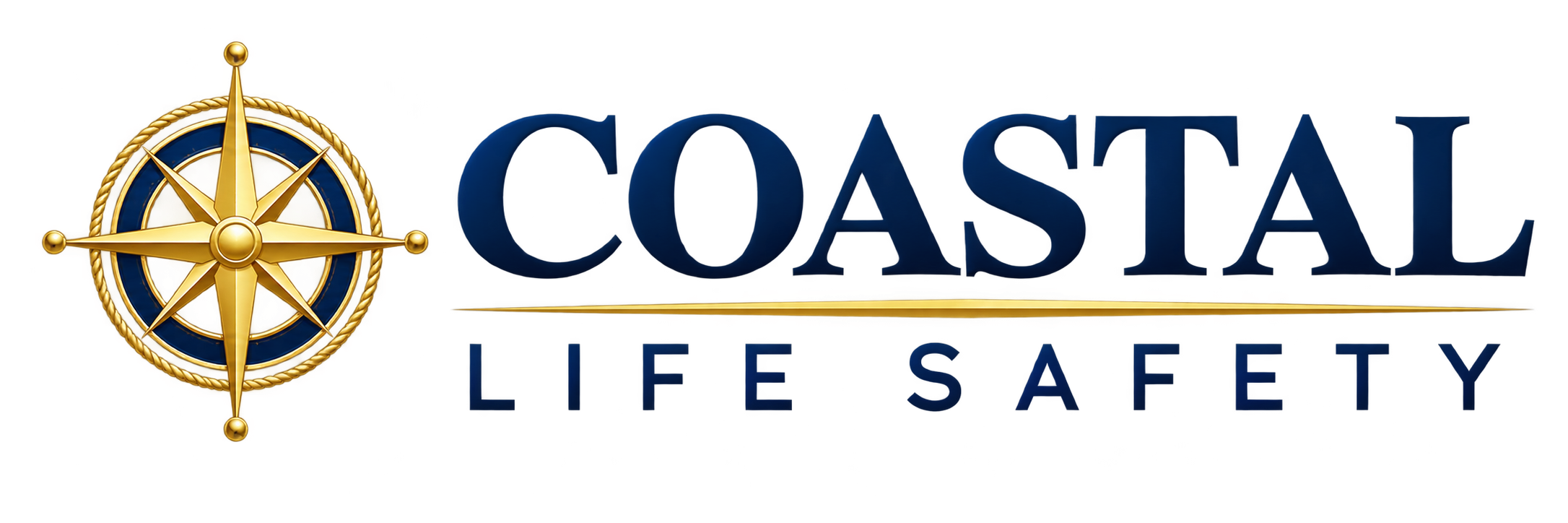 Coastal Life Safety logo featuring a gold compass and navy blue lettering.