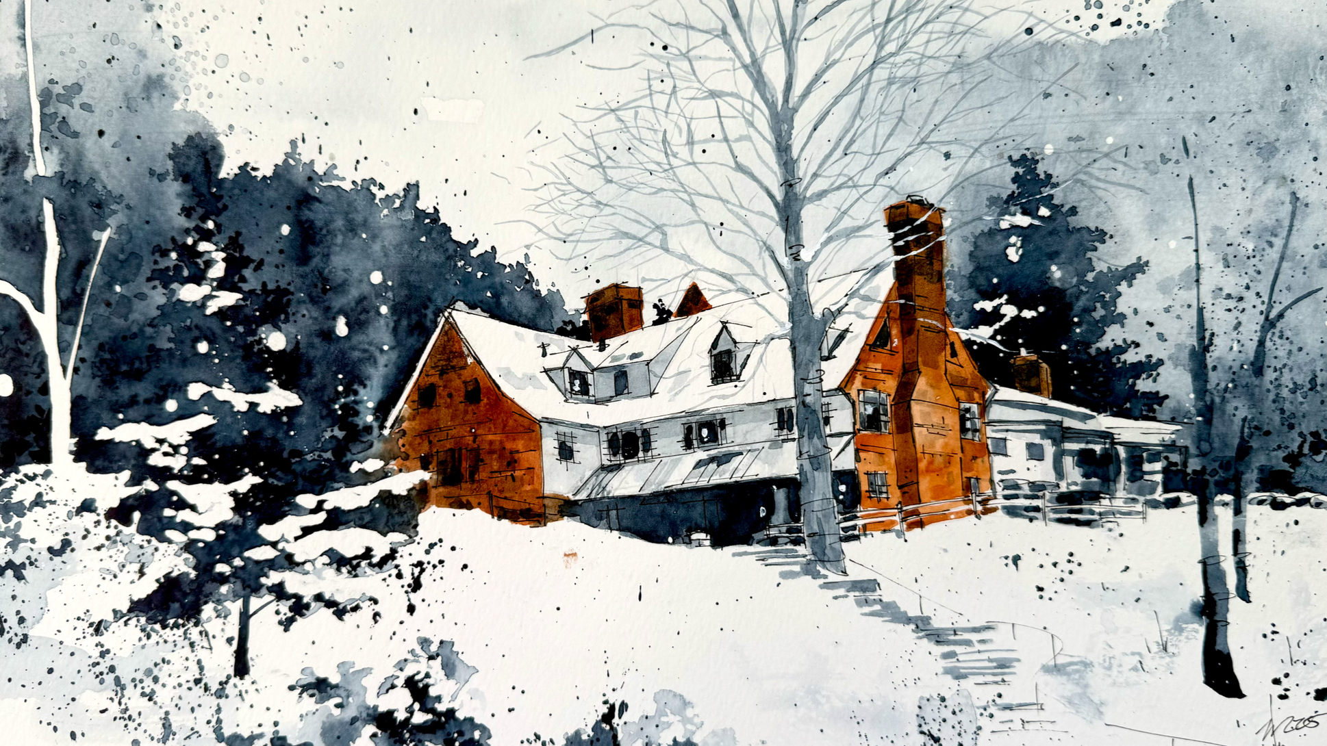 "Edson Hill" — commission, watercolor and pen and ink on paper, 2025