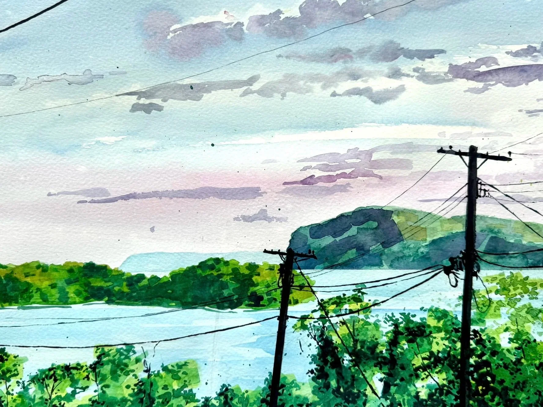 "Late Afternoon on the Hudson" — commission, watercolor on paper, 2026