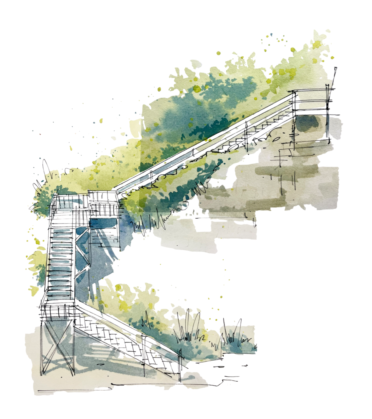 "Beach Stairs" — watercolor and pen and ink on paper, 2024 (sold)