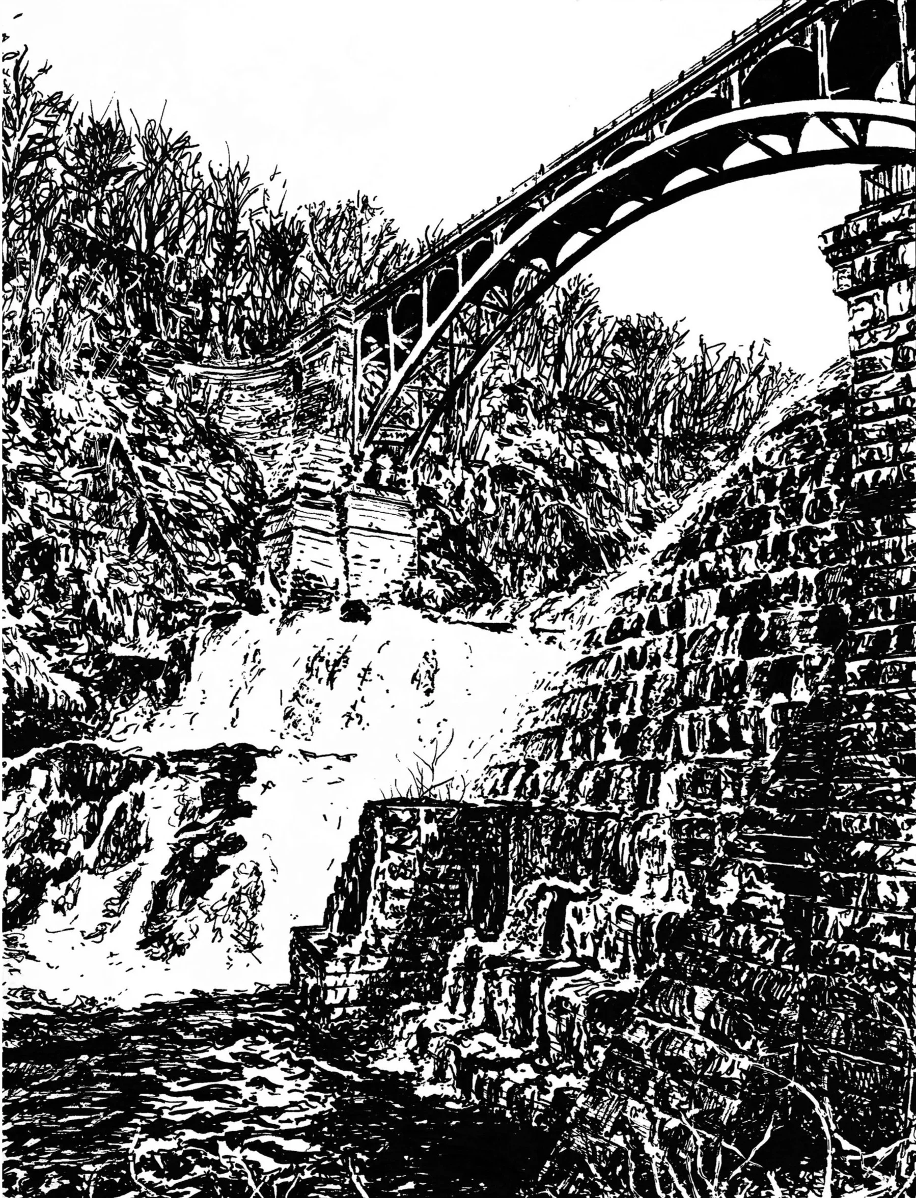 "The New Croton Dam" — pen and ink on paper, 2019 (available, prints and original)