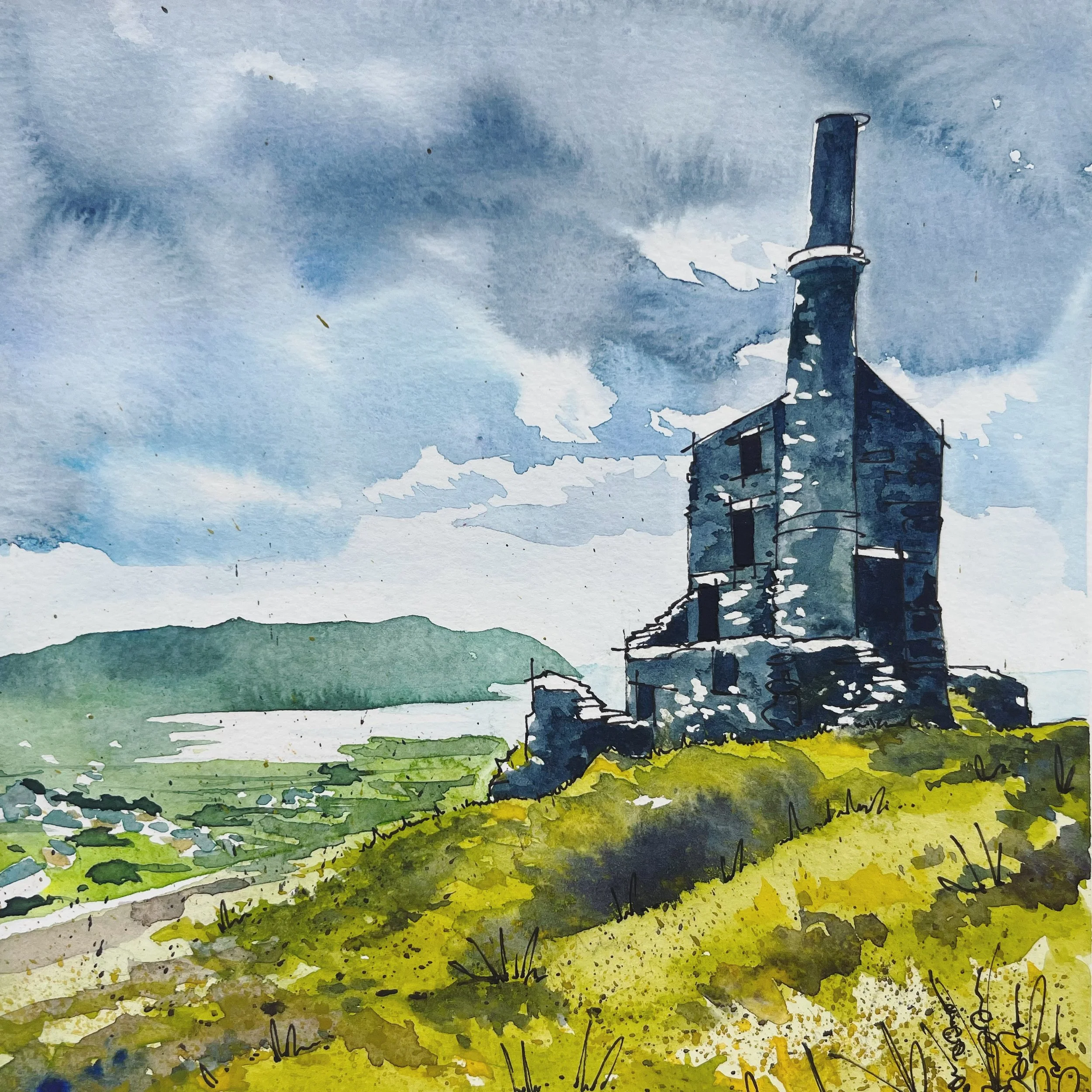 "Allihies Mine, Ireland" — watercolor and pen and ink on paper, 2025 (available)