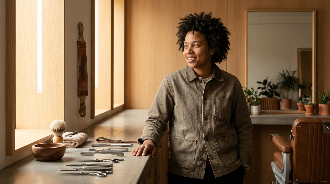 A woman in a brown jacket stands in a barbershop, smiling and looking to her left, with a row of barber tools on the counter beside her.