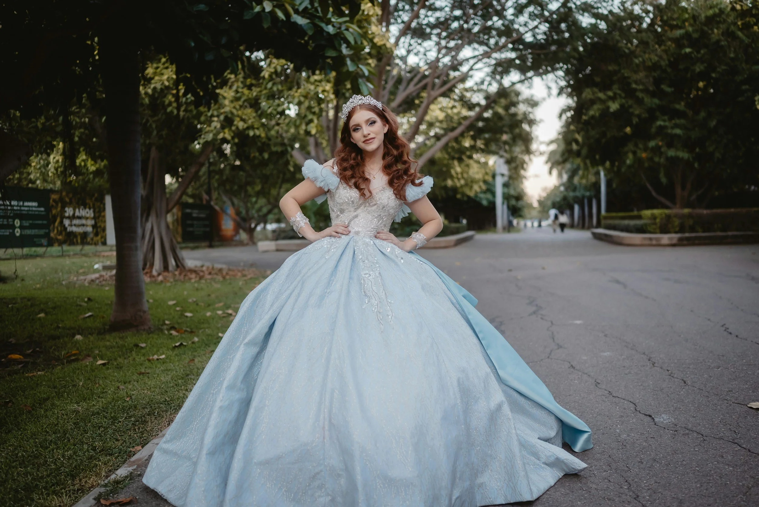 A woman dressed as a princess in a light blue ball gown with lace and embellishments, wearing a tiara, standing outdoors on a sidewalk with trees and greenery in the background.