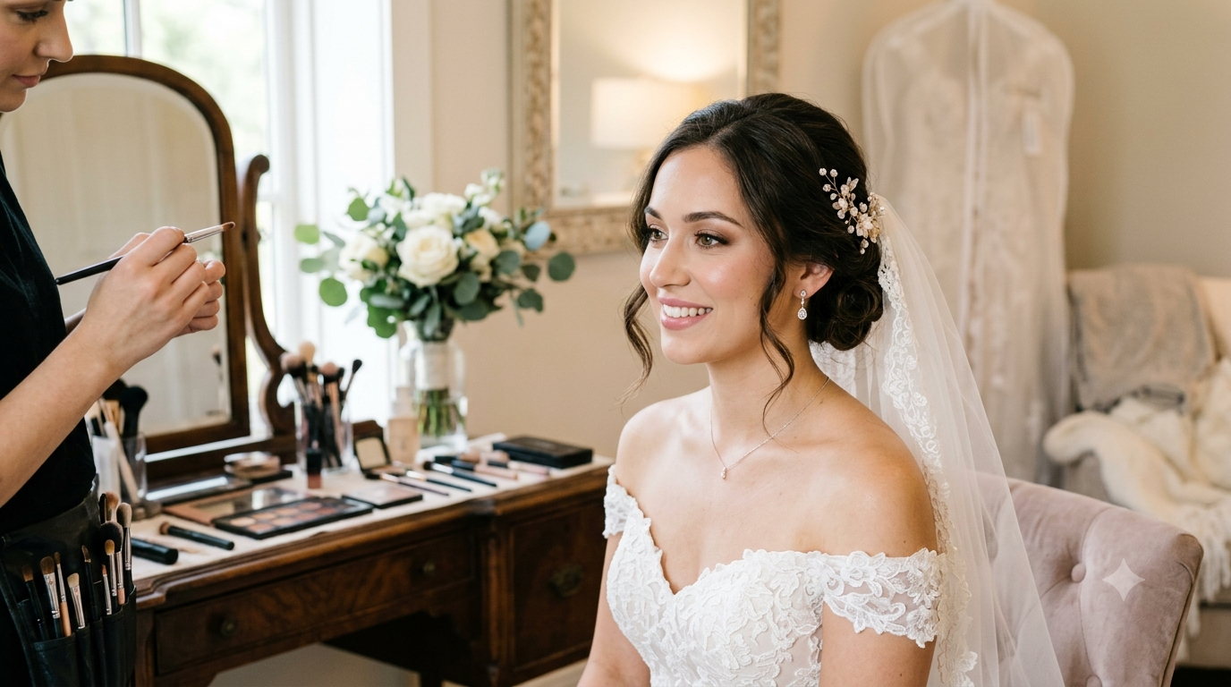 A bride getting ready, sitting in a chair with a smile, having makeup applied by a makeup artist; the room is decorated with a bouquet of white roses and greenery, and vintage furniture.