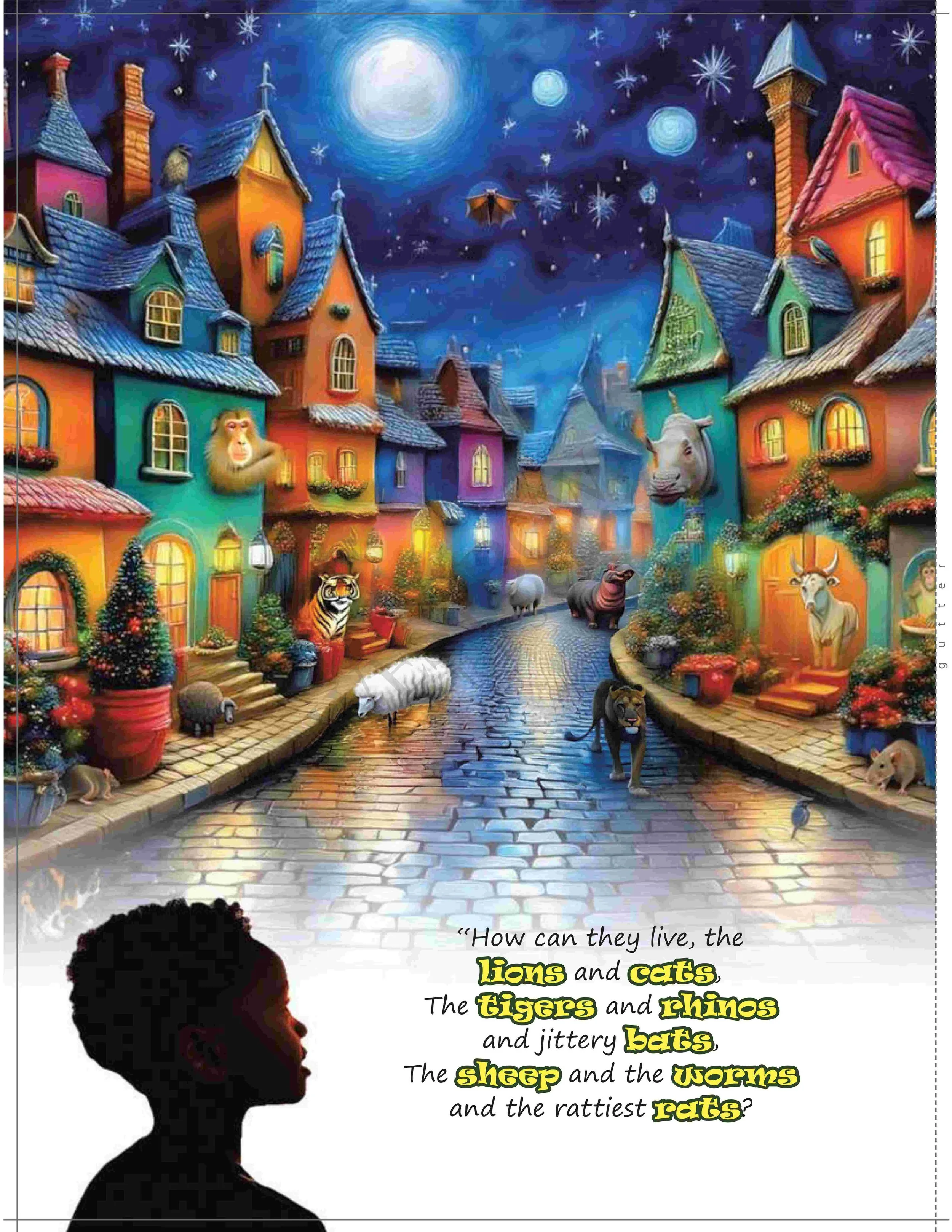 Colorful illustration of a whimsical town under a starry night sky with a full moon. The scene features tall, colorful houses with blue, pink, green, orange, and purple roofs, some with lit windows, chimney stacks, and decorative plants. There are various animals including a lion, a tiger, a sheep, a cat, a rat, a rhino, a bat, a sheep, and a worm. A silhouette of a child looking at the scene is at the bottom left. The scene conveys a magical, fairy-tale atmosphere.
