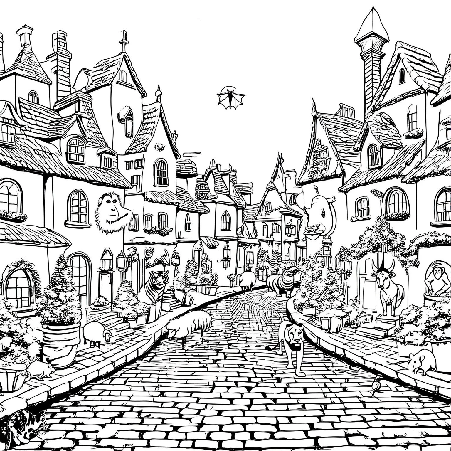 Black and white line drawing of a whimsical village street with animals including a lion, tiger, owl, cow, dog, cat, and mouse among creatively designed houses with steep roofs and chimneys.