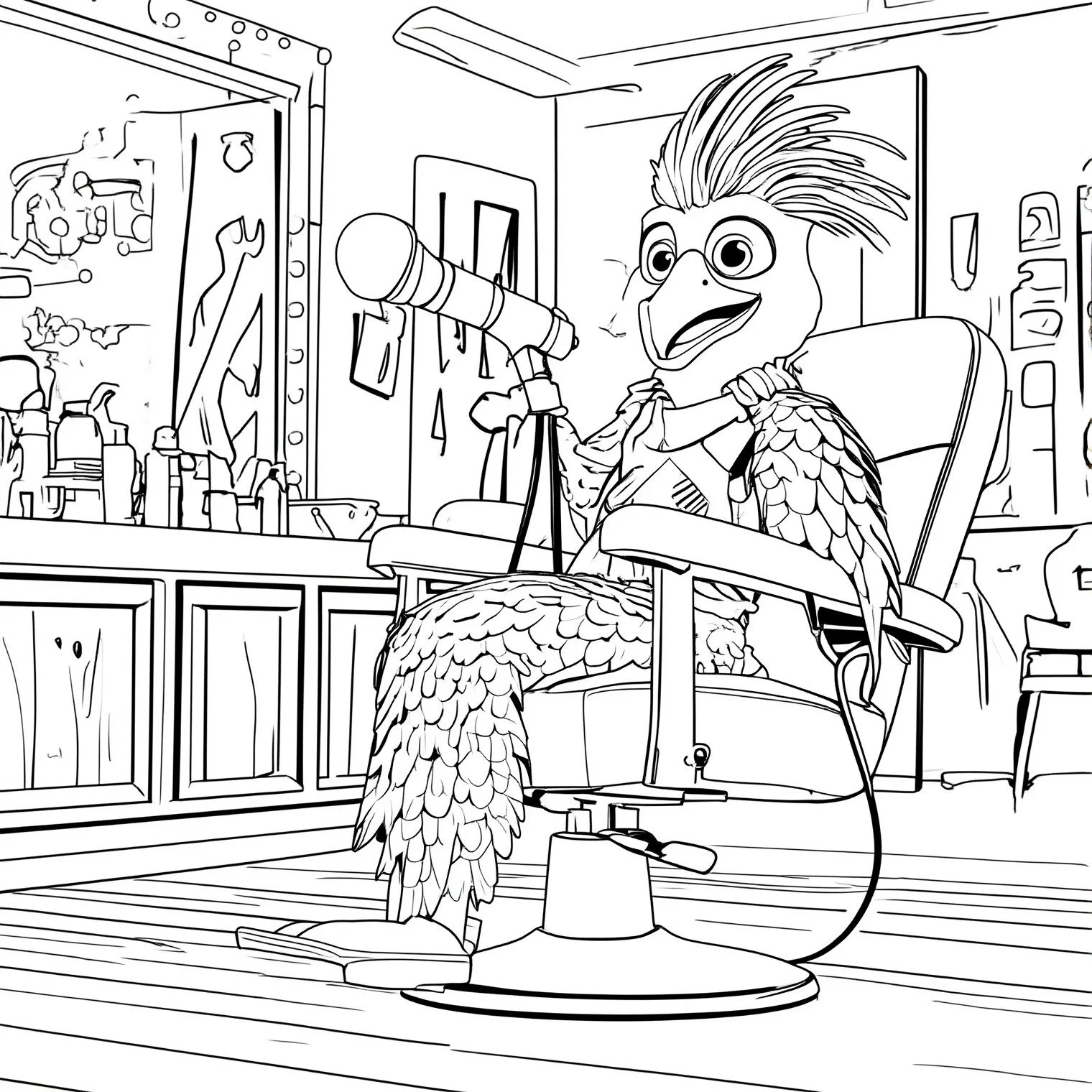 Coloring page featuring a bird with spiky hair sitting in a barber's chair, with a mirror and various barber tools and supplies in the background and a microphone in front of him.