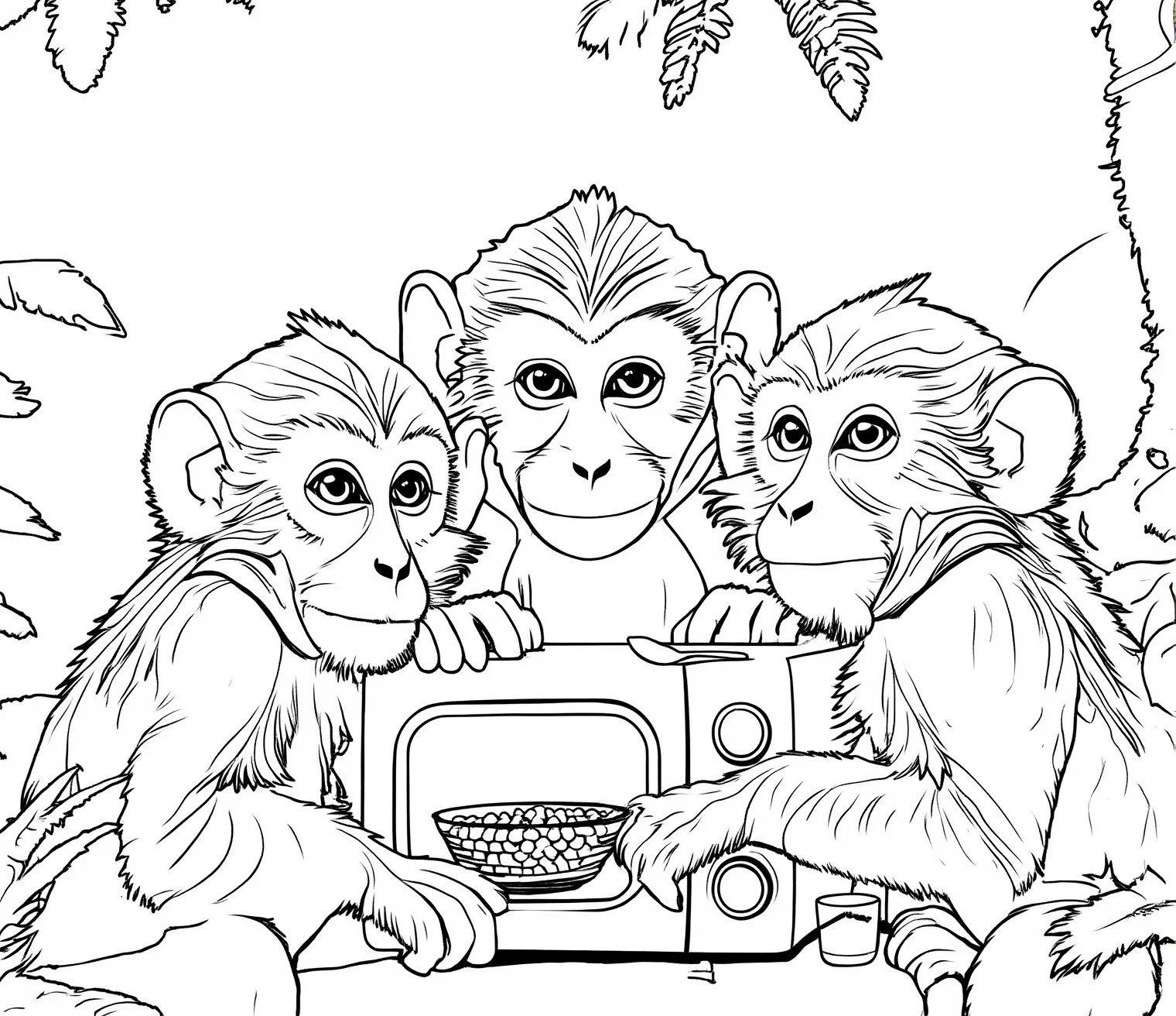 Black and white line drawing of three monkeys sitting around a table cooking peas in a microwave oven in front of them, surrounded by jungle leaves.