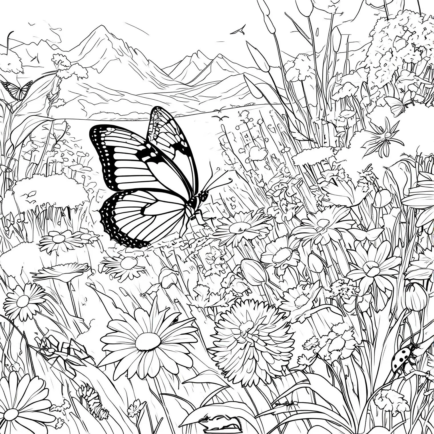 Black and white drawing of a natural landscape featuring butterflies, various flowers, tall grasses, trees, and a mountain range in the background.