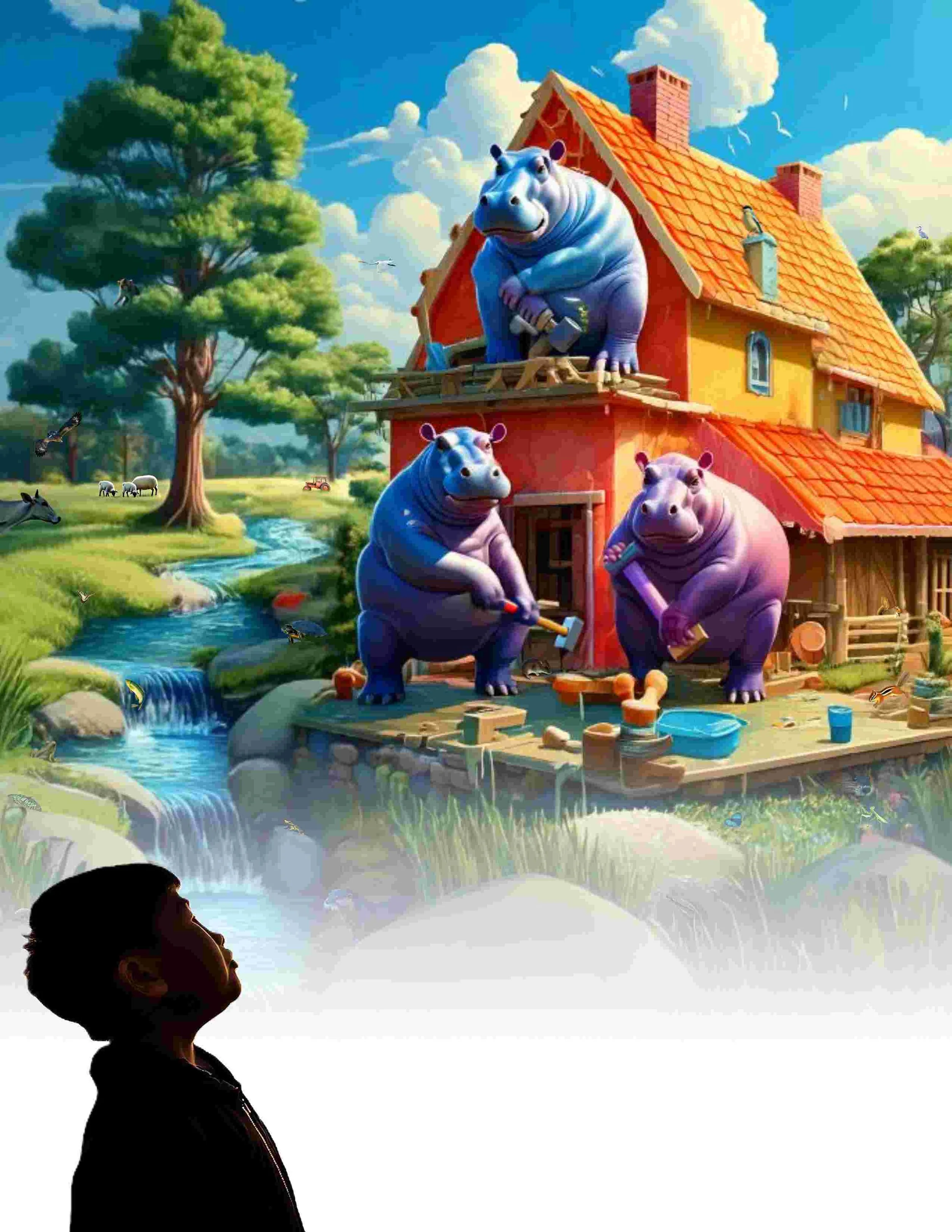 Silhouette of a person looking up at a colorful scene with cartoon hippos on a house and lush landscape with trees, a stream, animals, and flying birds.