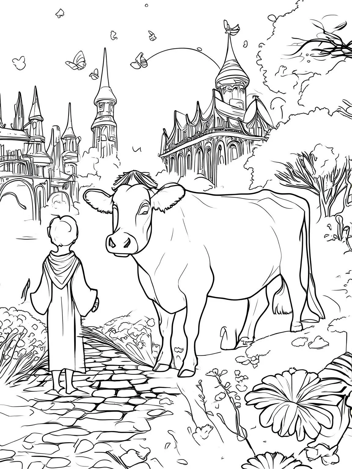A black and white line drawing of a fantasy castle with tall spires, trees, and flying butterflies in the background. In the foreground, a young person in a gown and a cow are walking on a cobblestone path, with the cow looking directly at the viewer.