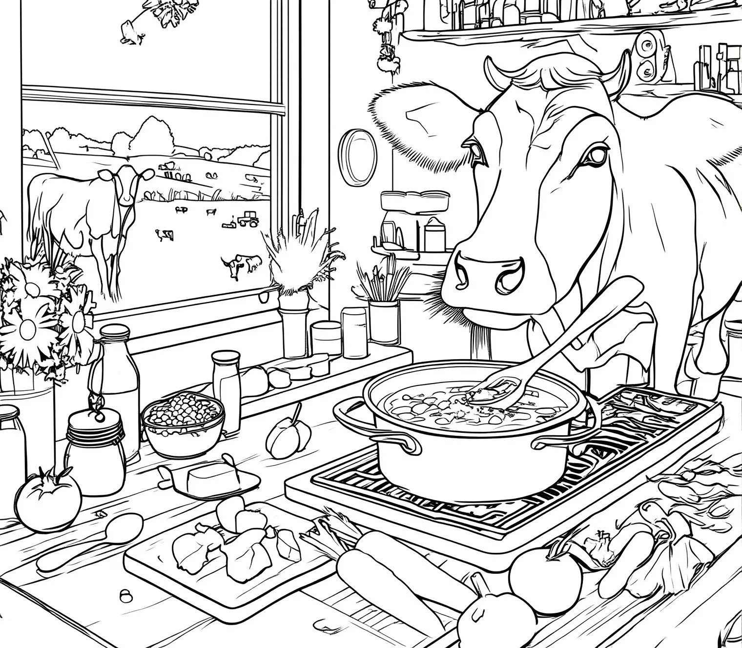 A black-and-white line drawing of a cow cooking in a kitchen. The cow is stirring a pot on the stove. The kitchen counter is filled with vegetables like carrots, onions, and tomatoes, as well as jars and bowls. A window shows a farm scene with cows and rolling hills outside.