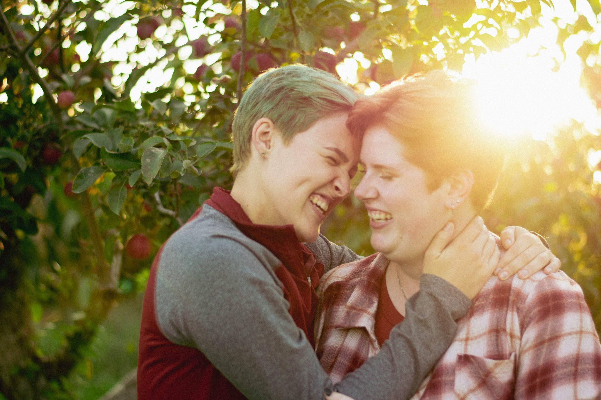 Couple embracing in an apple orchard, couples photographer in Chelsea, MI